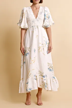 BYTIMO - LINEN RUFFLE MAXI DRESS BLUE STRAW WAS $889