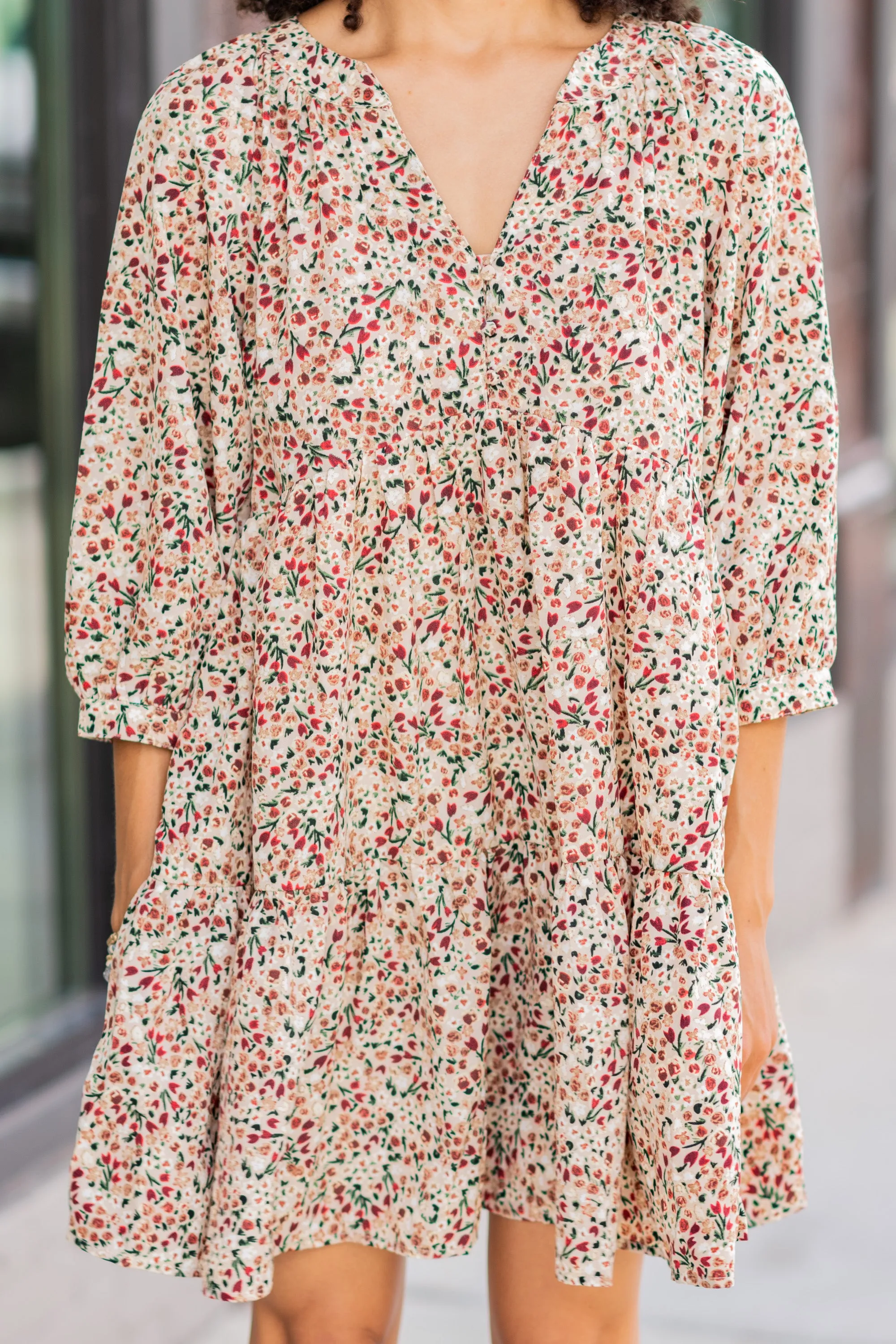 Can't Be Outdone Beige Brown Ditsy Floral Dress