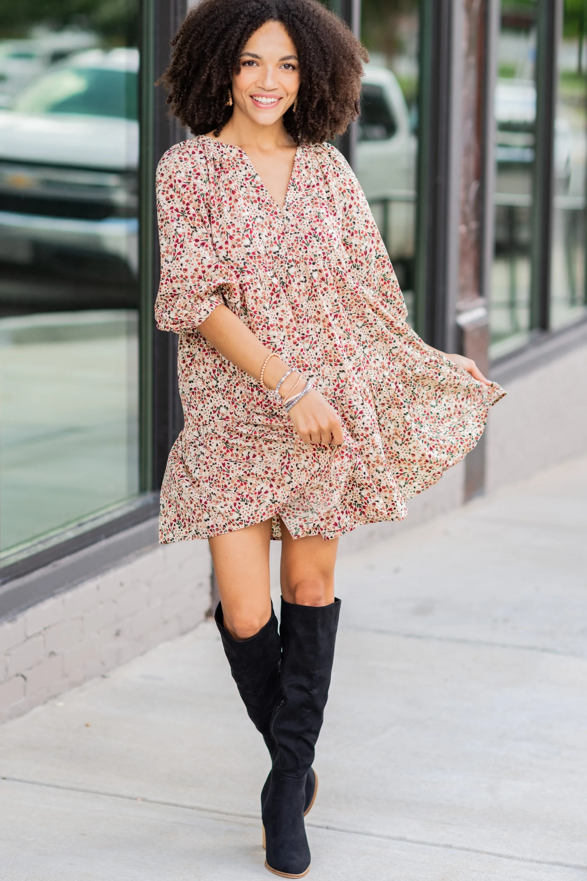 Can't Be Outdone Beige Brown Ditsy Floral Dress