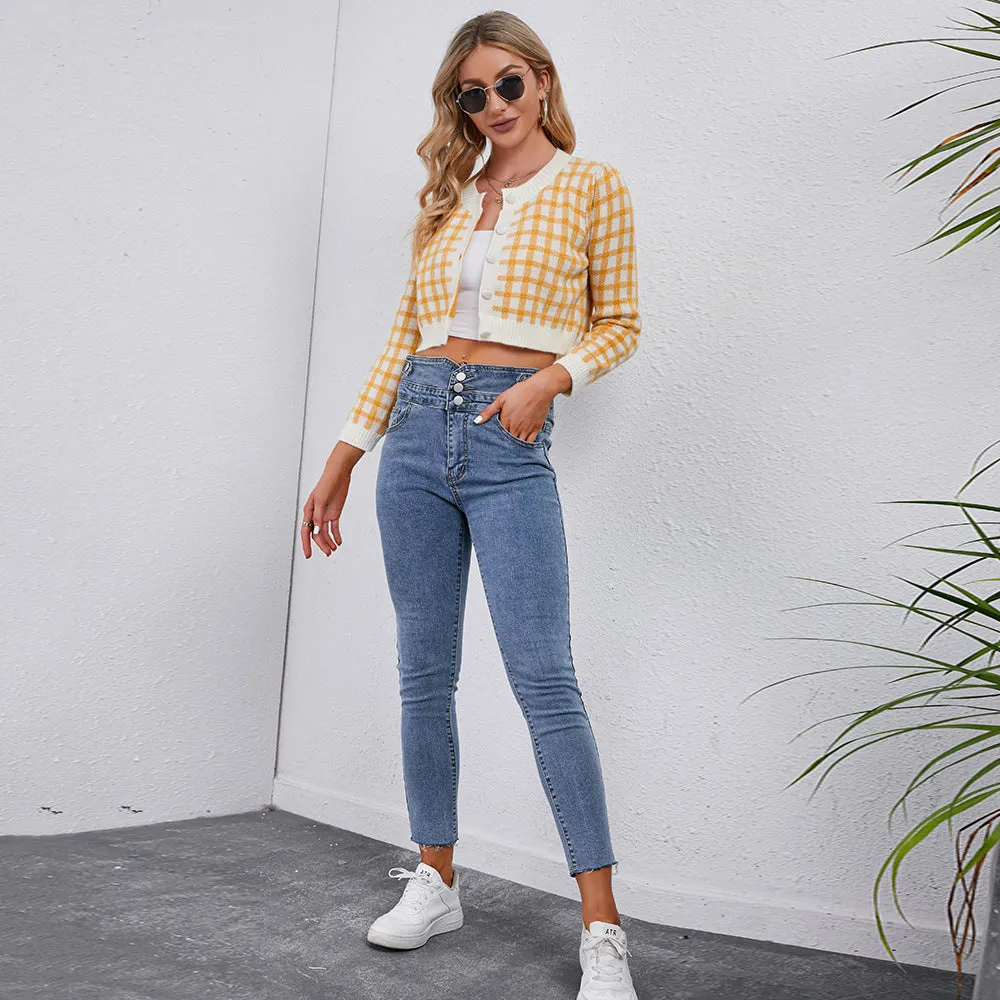 Checked Crop Wholesale Women Sweater