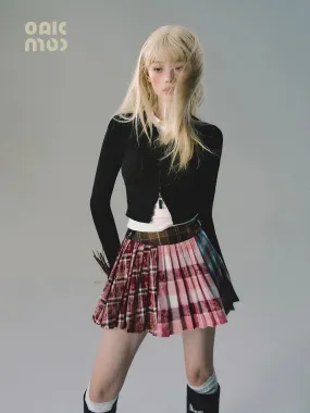 Checked Patchwork Mix Girly Cute Pleats Mini-Skirt