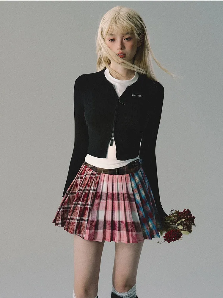 Checked Patchwork Mix Girly Cute Pleats Mini-Skirt