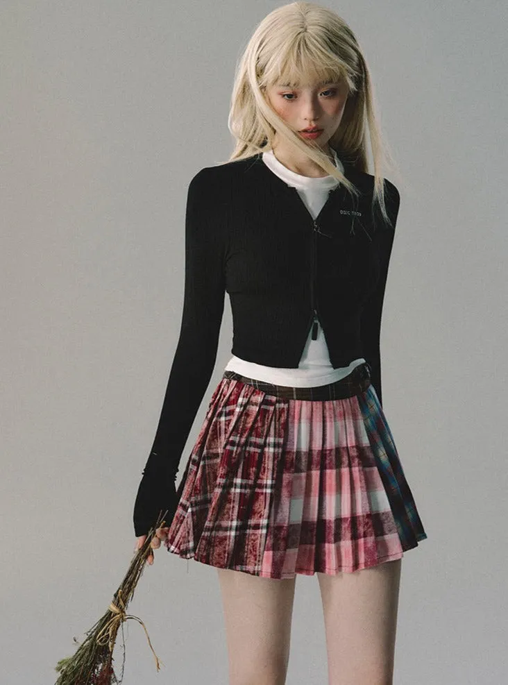 Checked Patchwork Mix Girly Cute Pleats Mini-Skirt