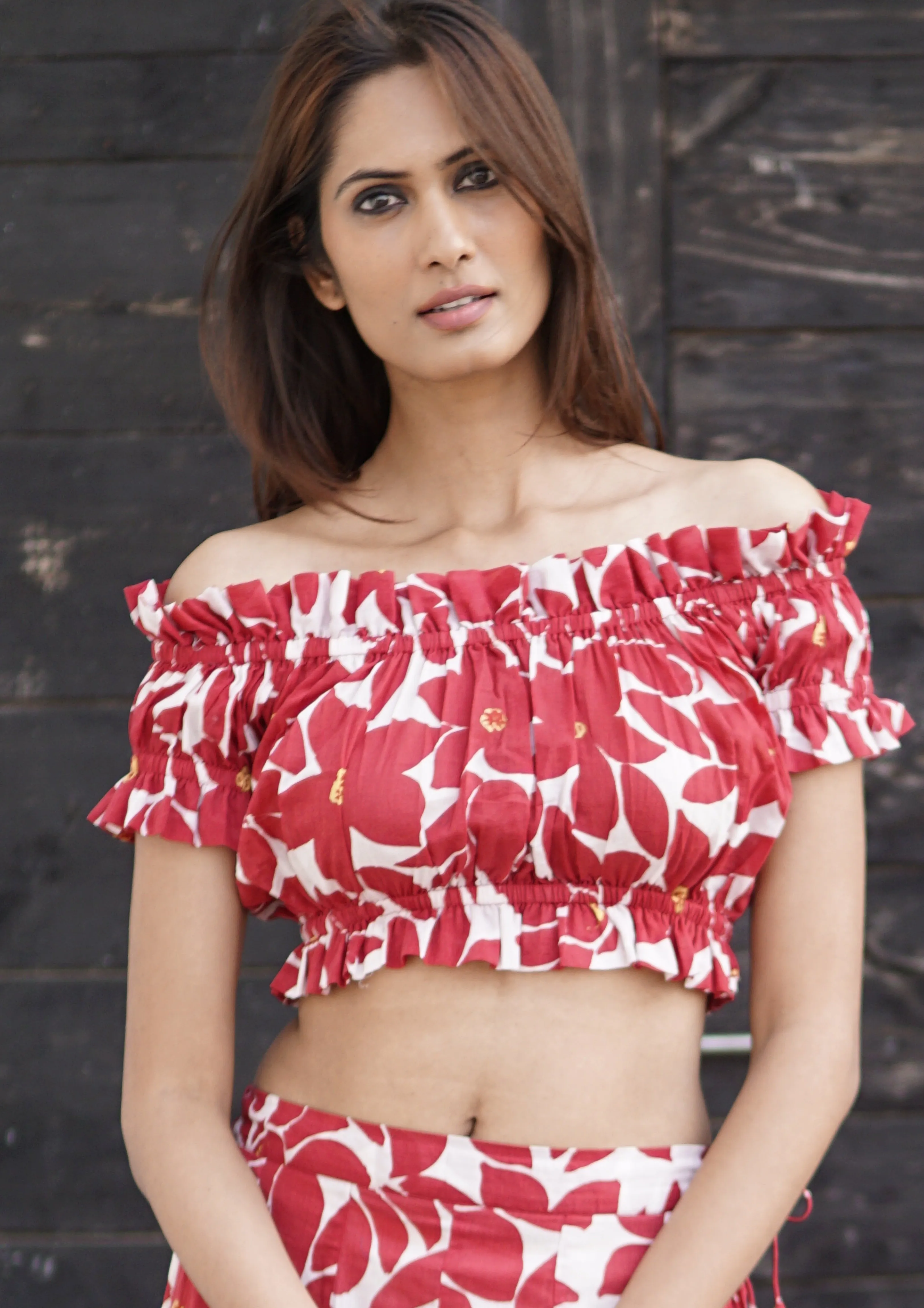 Co-ord set, red and cream cotton skirt and top, Carmen summer co-ord set