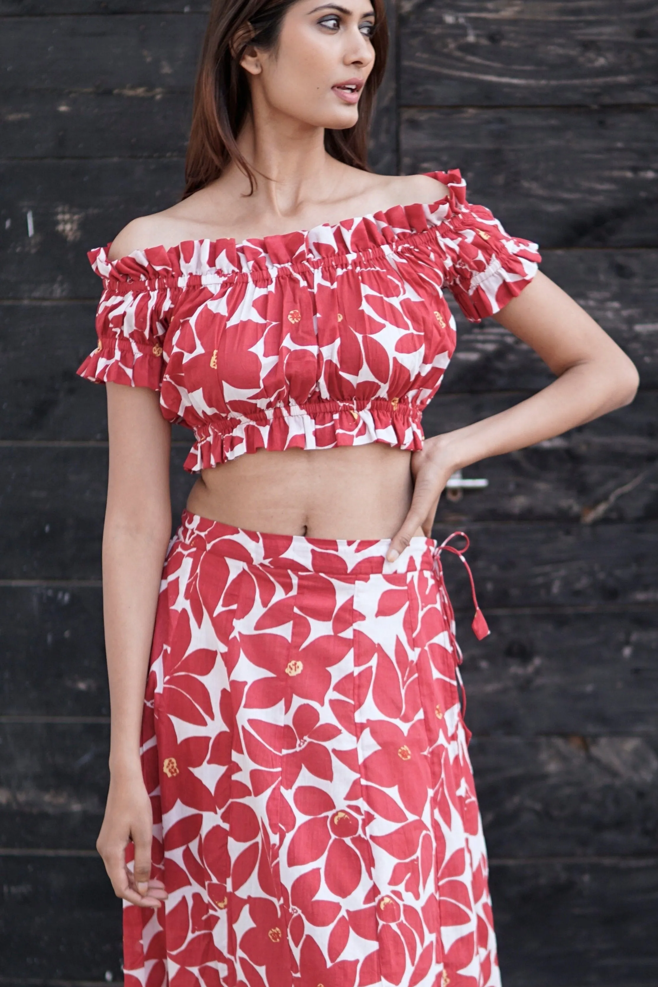 Co-ord set, red and cream cotton skirt and top, Carmen summer co-ord set