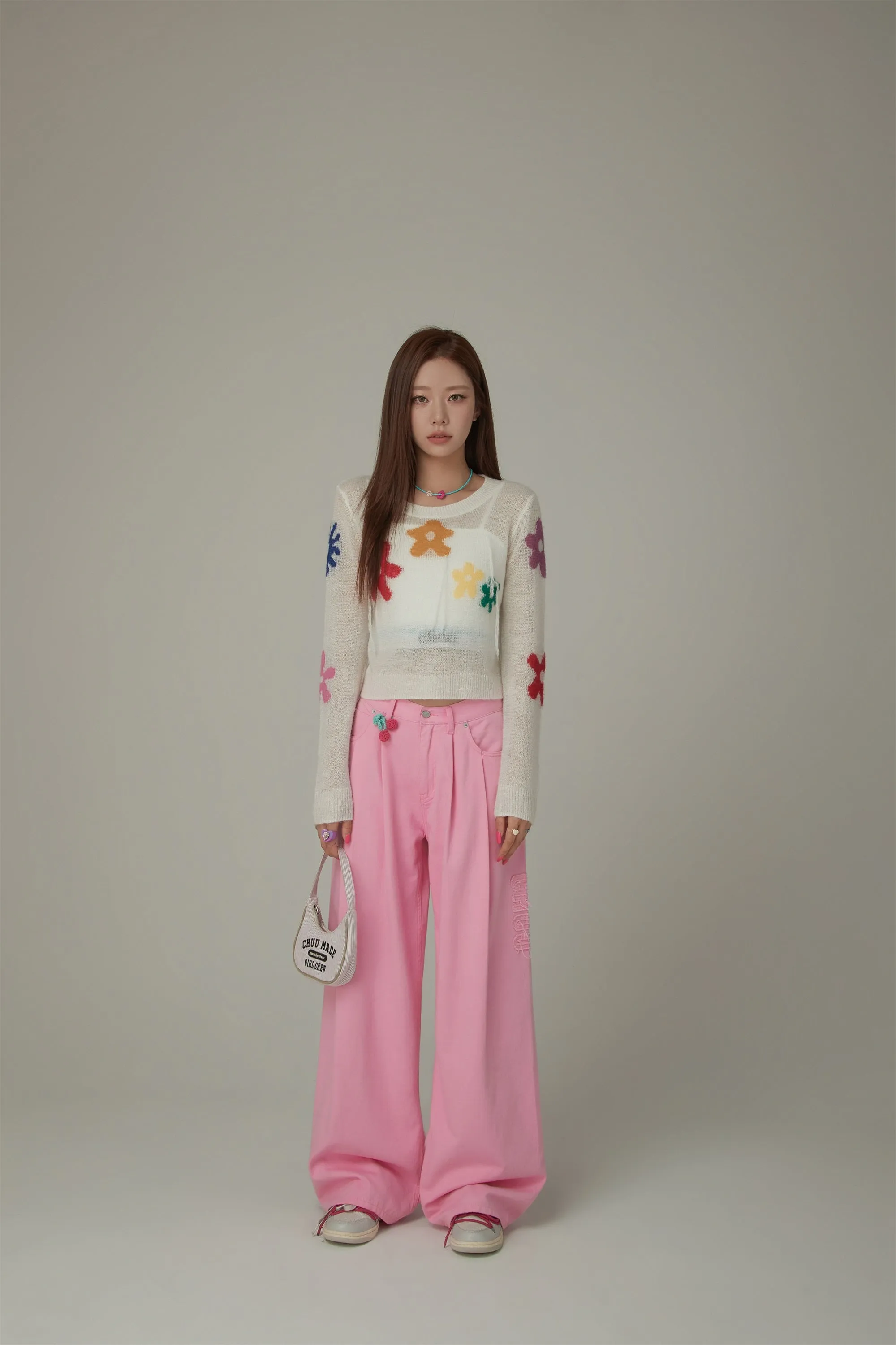 Colorful Flowers Crop Knit Sweater