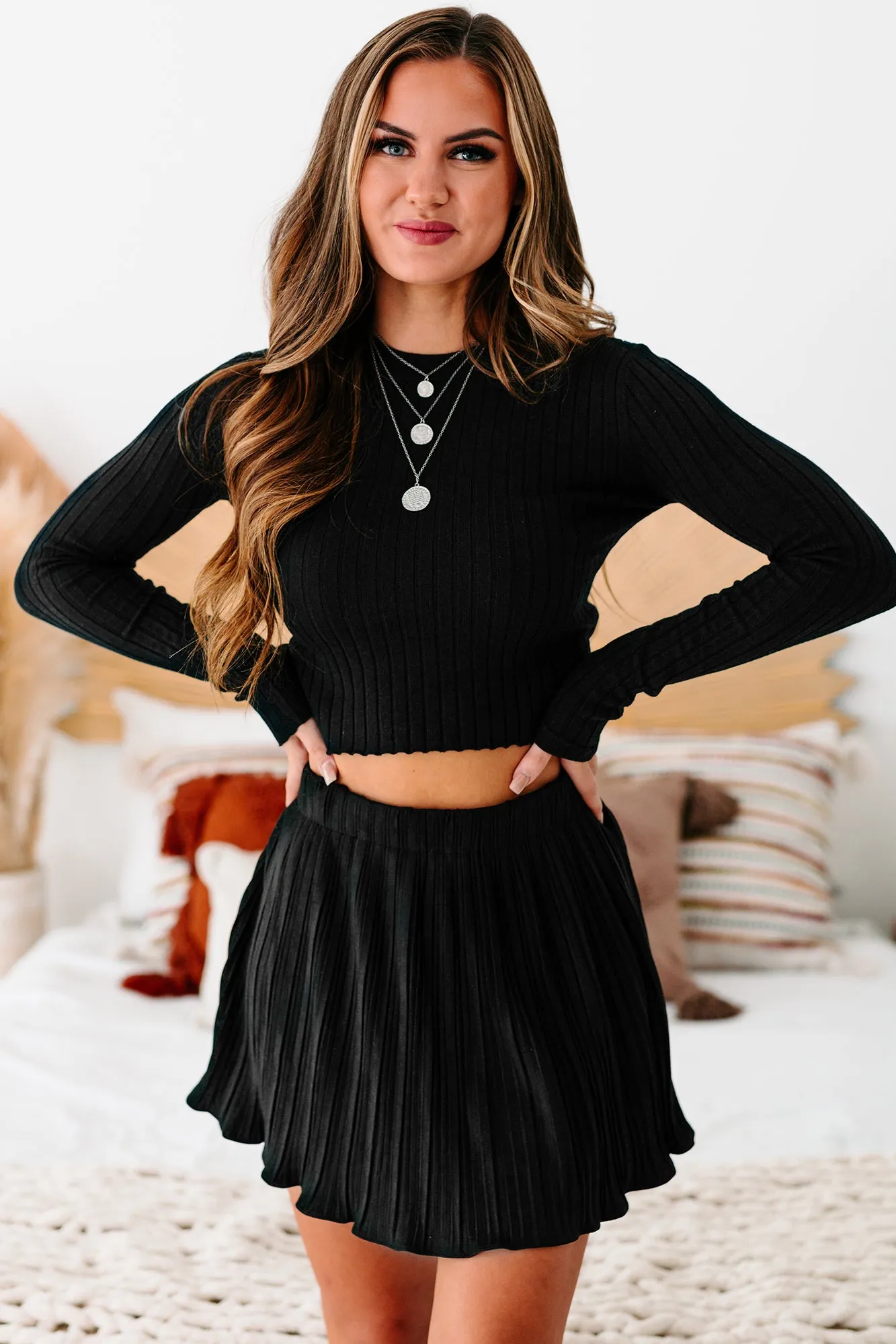 Controlled Emotions Ribbed Long Sleeve Crop Top (Black)