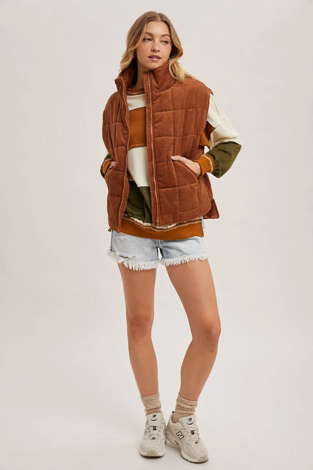 CORDUROY QUILTED PUFFER VEST: CAMEL / M