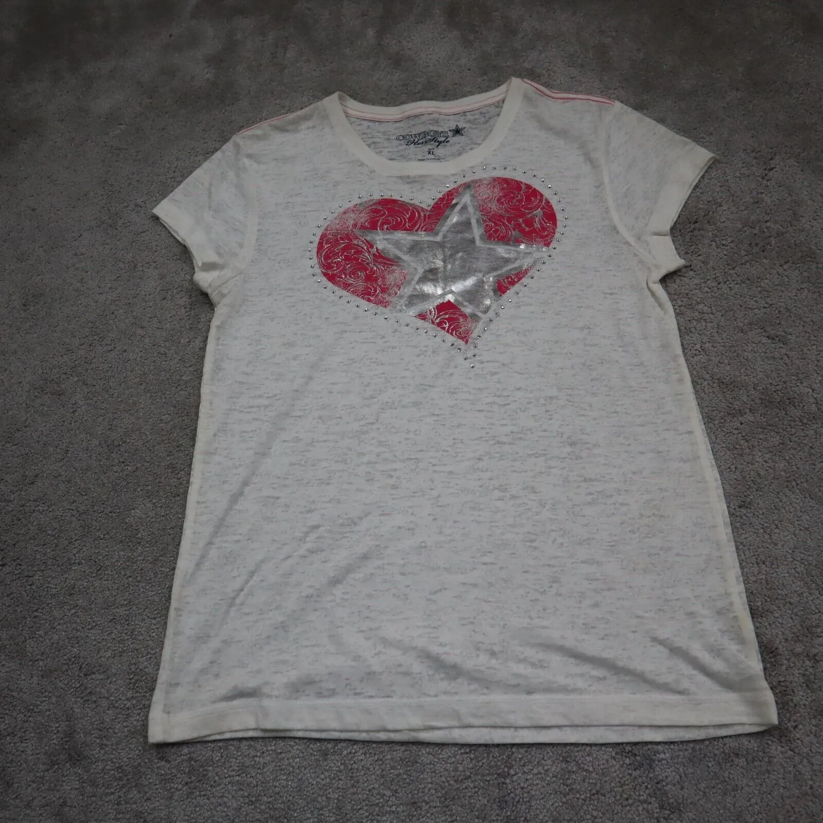 Cowboy Womens Heart Star T Shirt Top Crew Neck Short Sleeve Heather White SZ XL