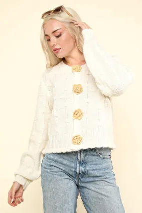 Cream Floral Button Crop Length Knit Sweater Cardigan