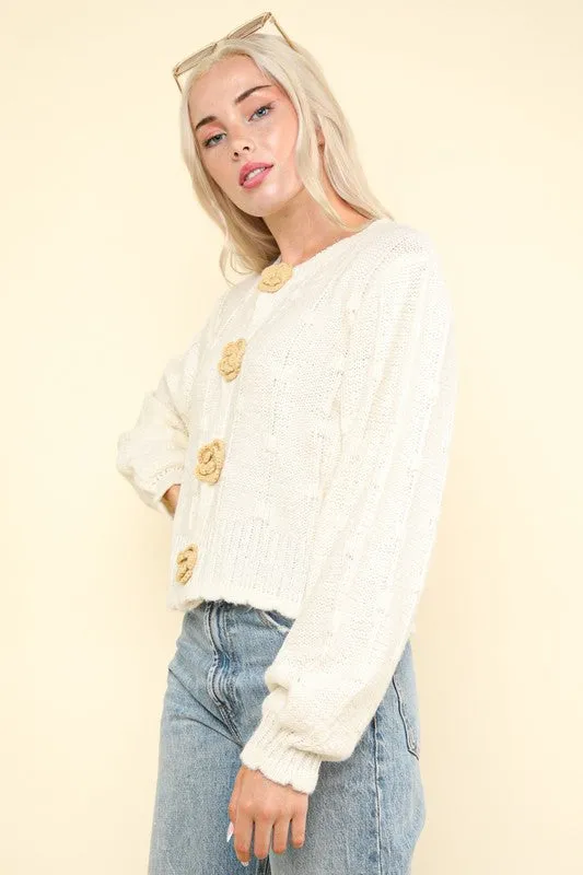 Cream Floral Button Crop Length Knit Sweater Cardigan