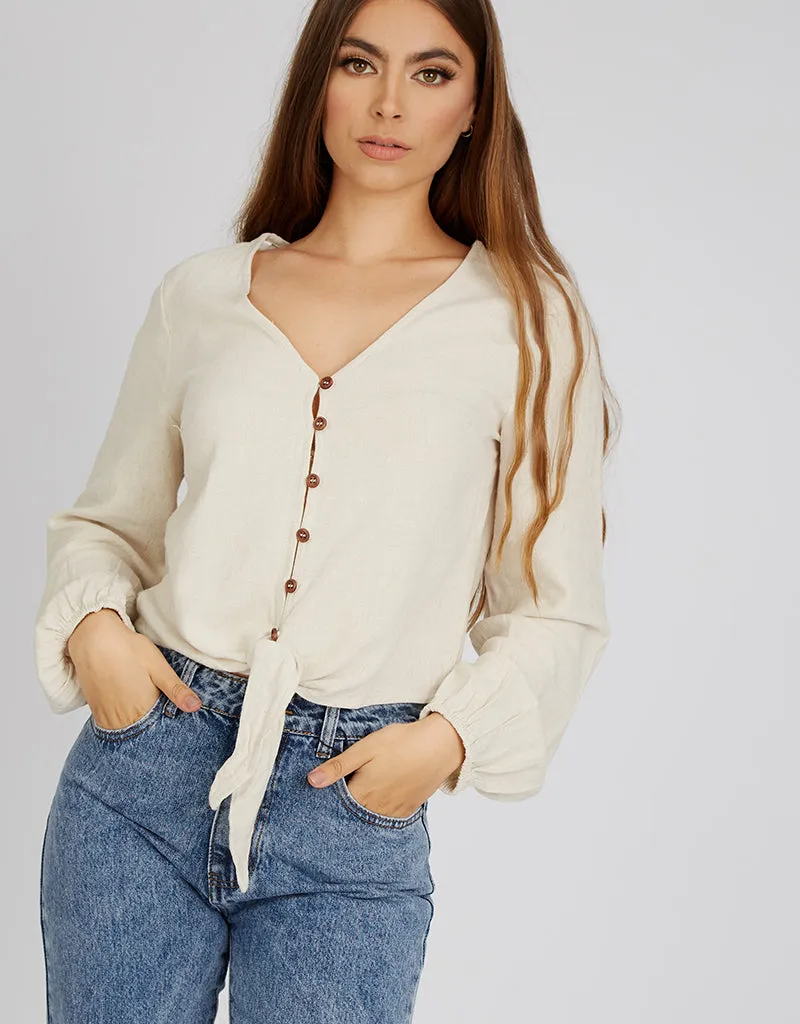 Crop Linen Shell Button Top