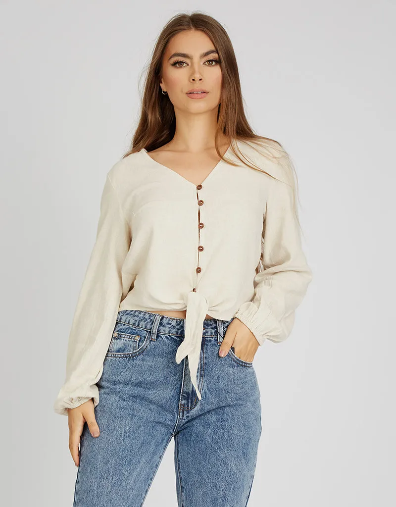 Crop Linen Shell Button Top