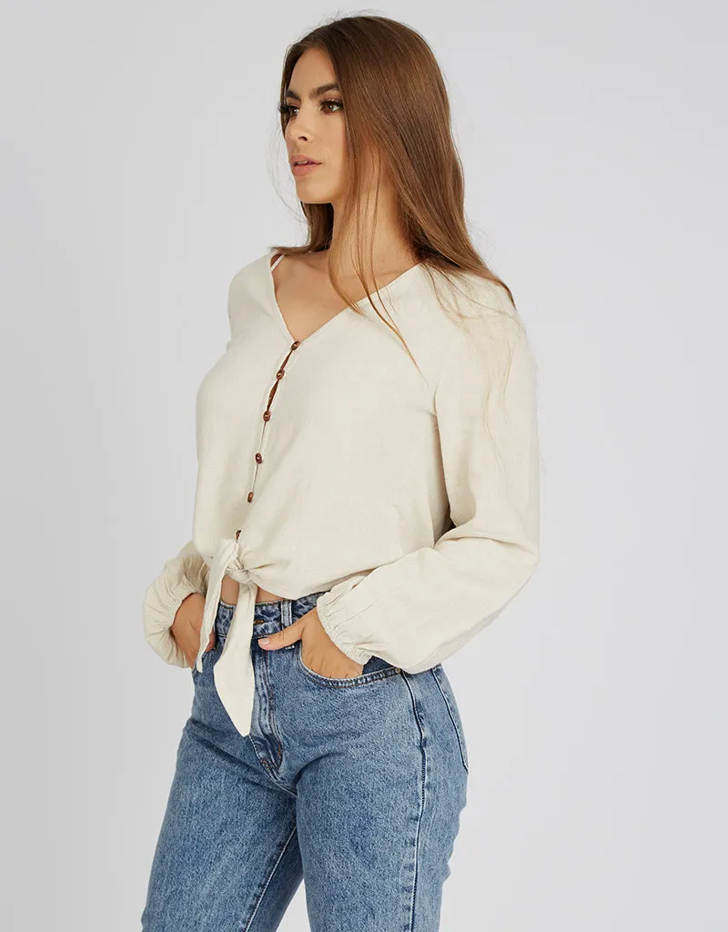 Crop Linen Shell Button Top