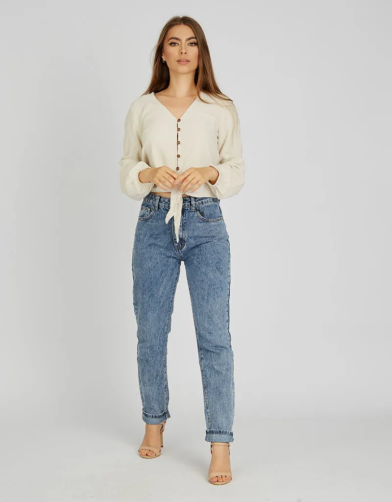 Crop Linen Shell Button Top