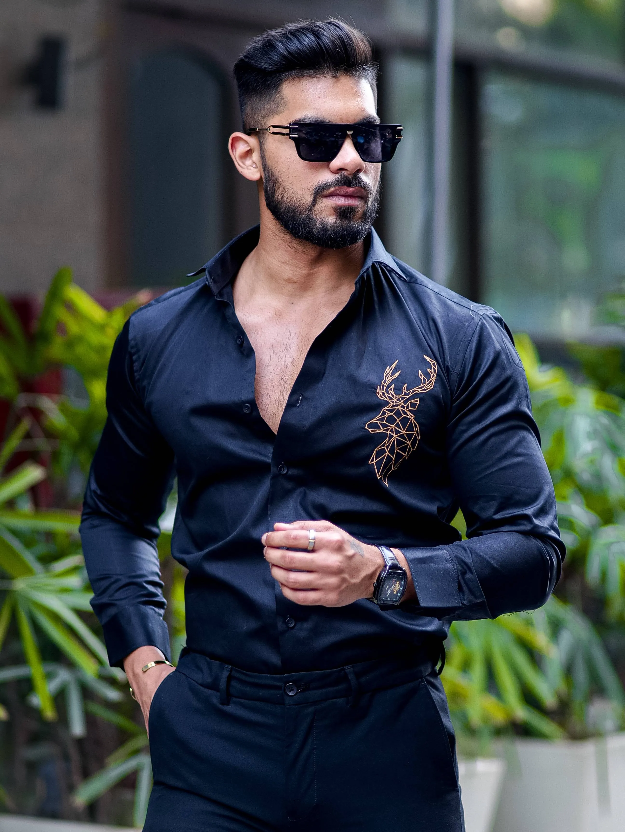 Deer Embroidered Black Golden Premium Cotton Shirt