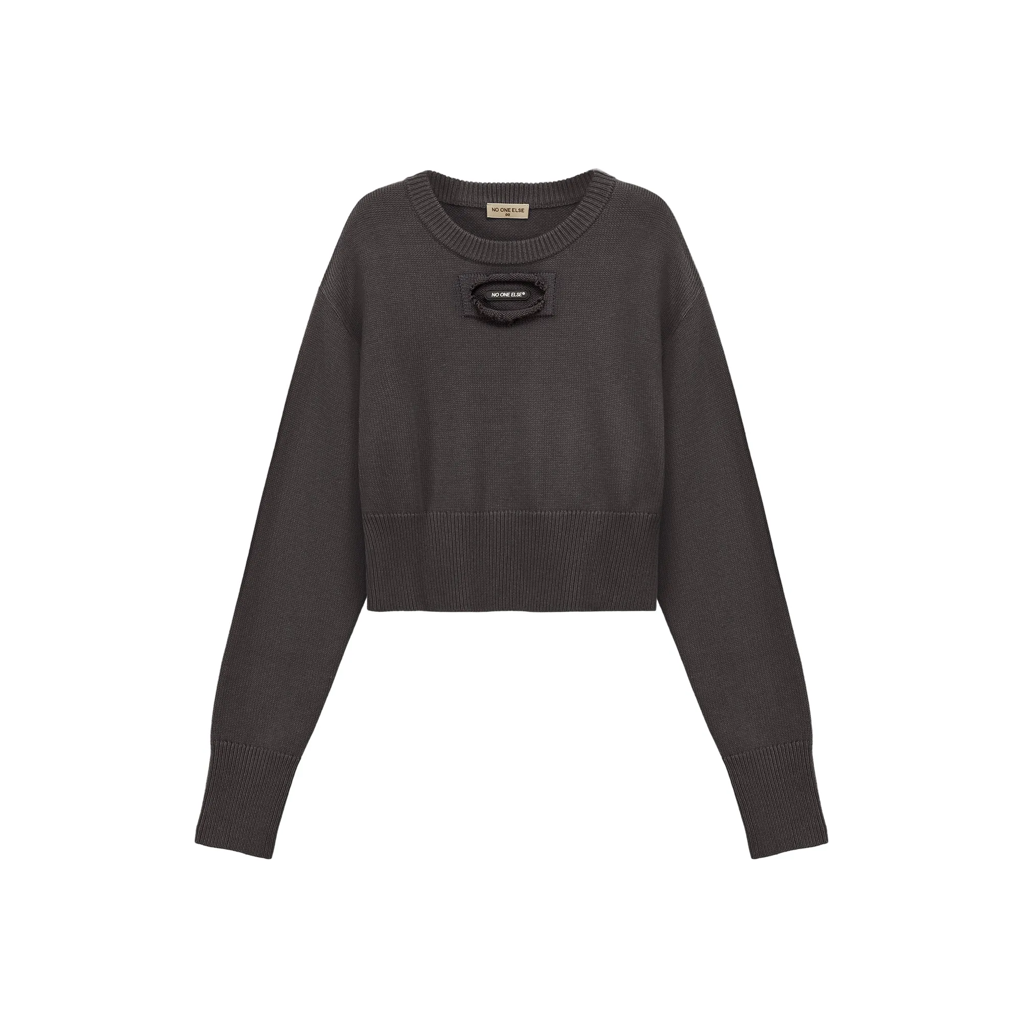 Distressed Logo Solid Crop Knit Sweater