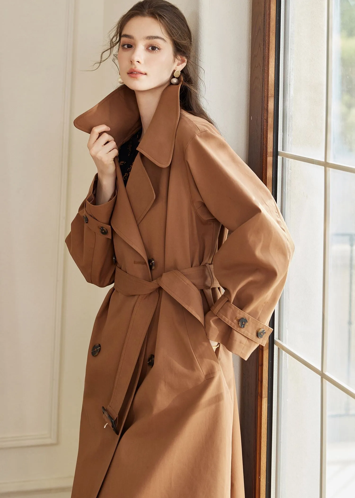 Double Breasted Belted Brown Long Trench Coat