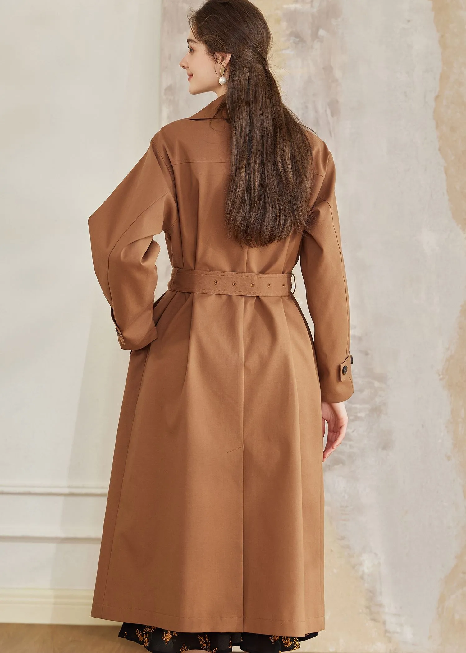 Double Breasted Belted Brown Long Trench Coat