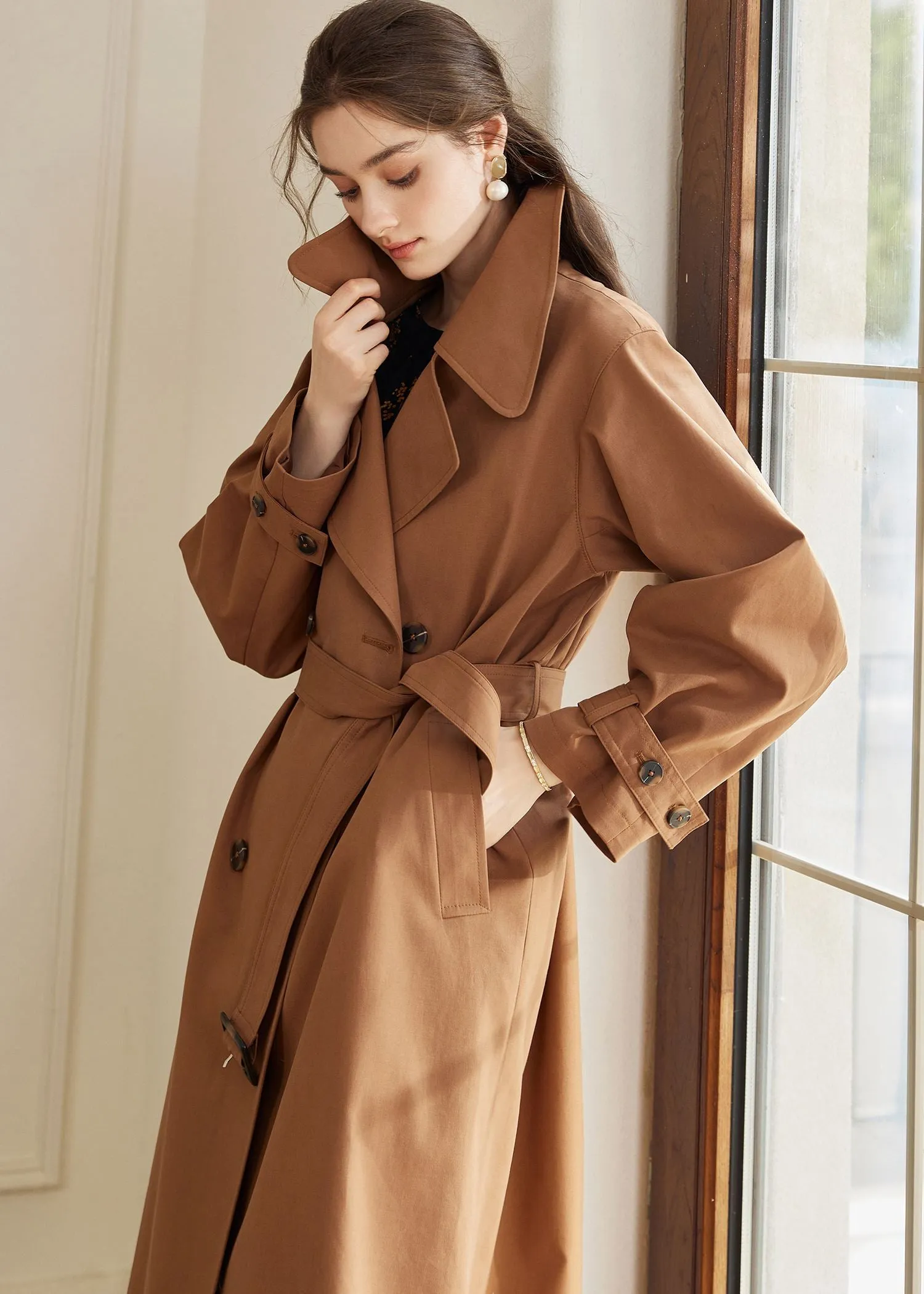 Double Breasted Belted Brown Long Trench Coat