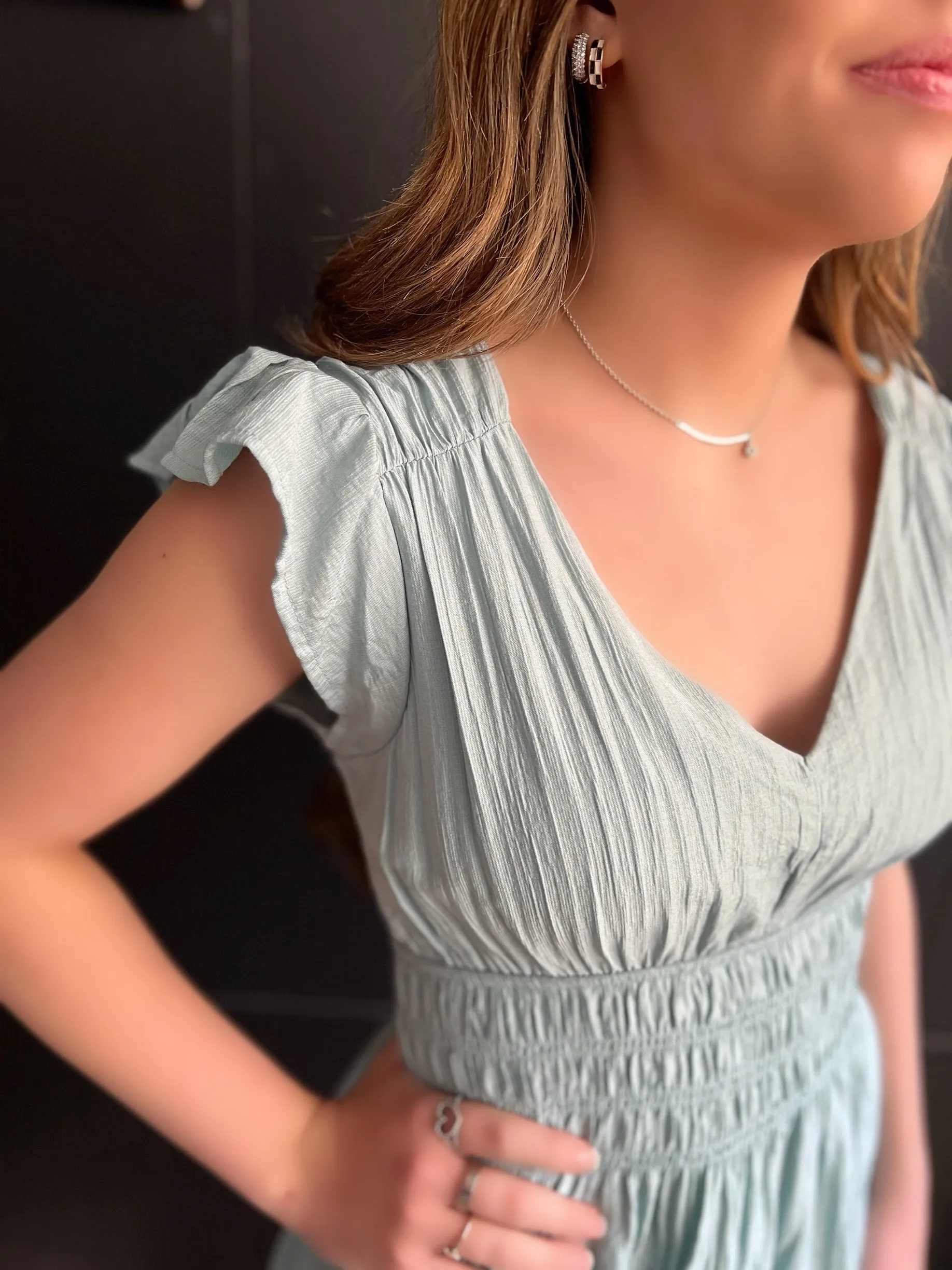 Dusty Mint Back Tie Ruffle Dress