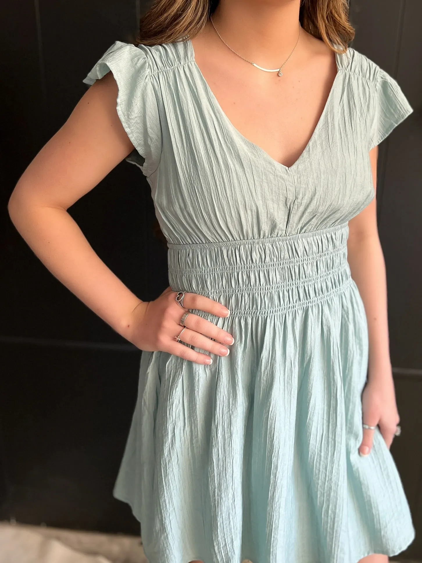 Dusty Mint Back Tie Ruffle Dress