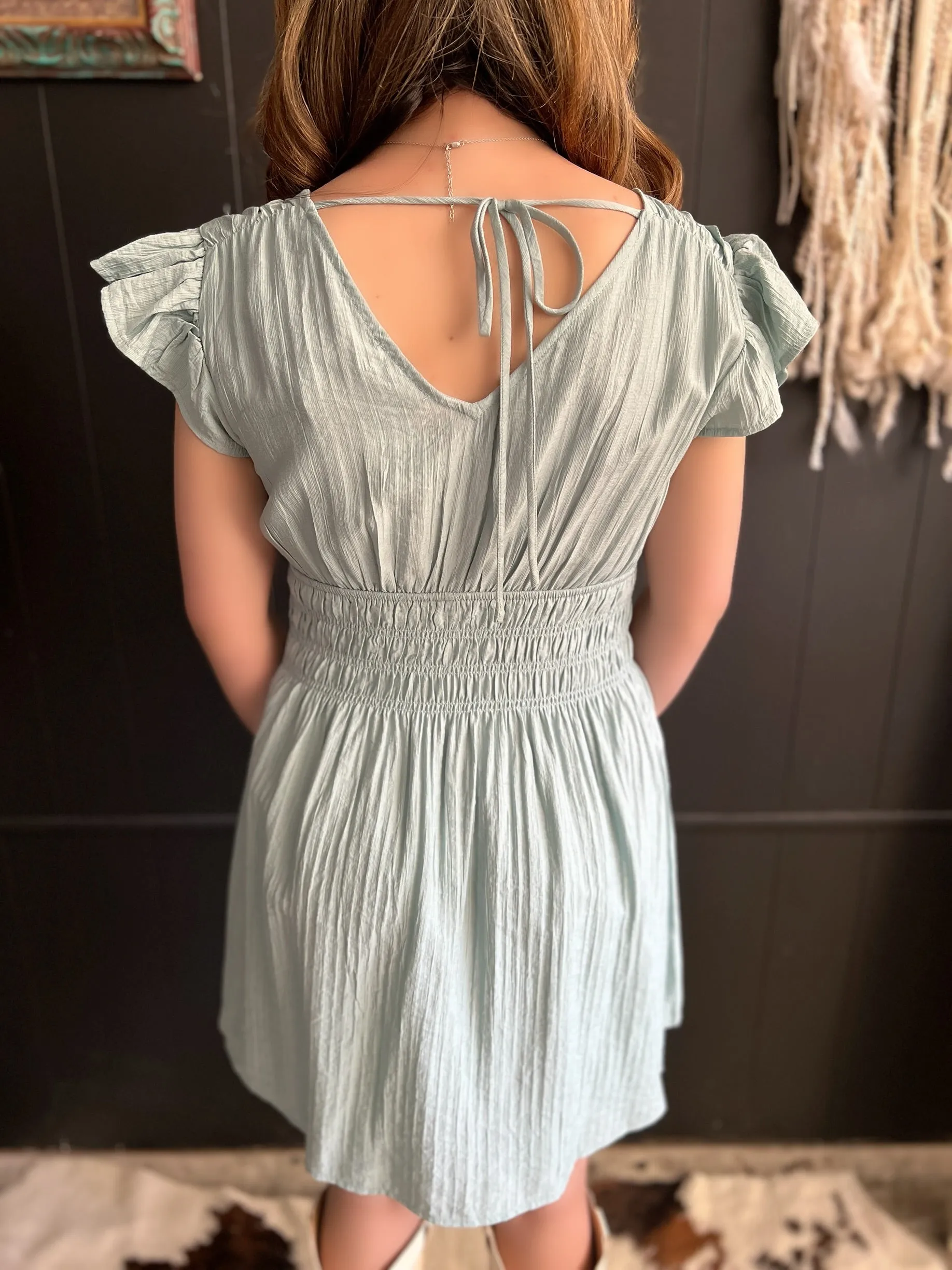 Dusty Mint Back Tie Ruffle Dress