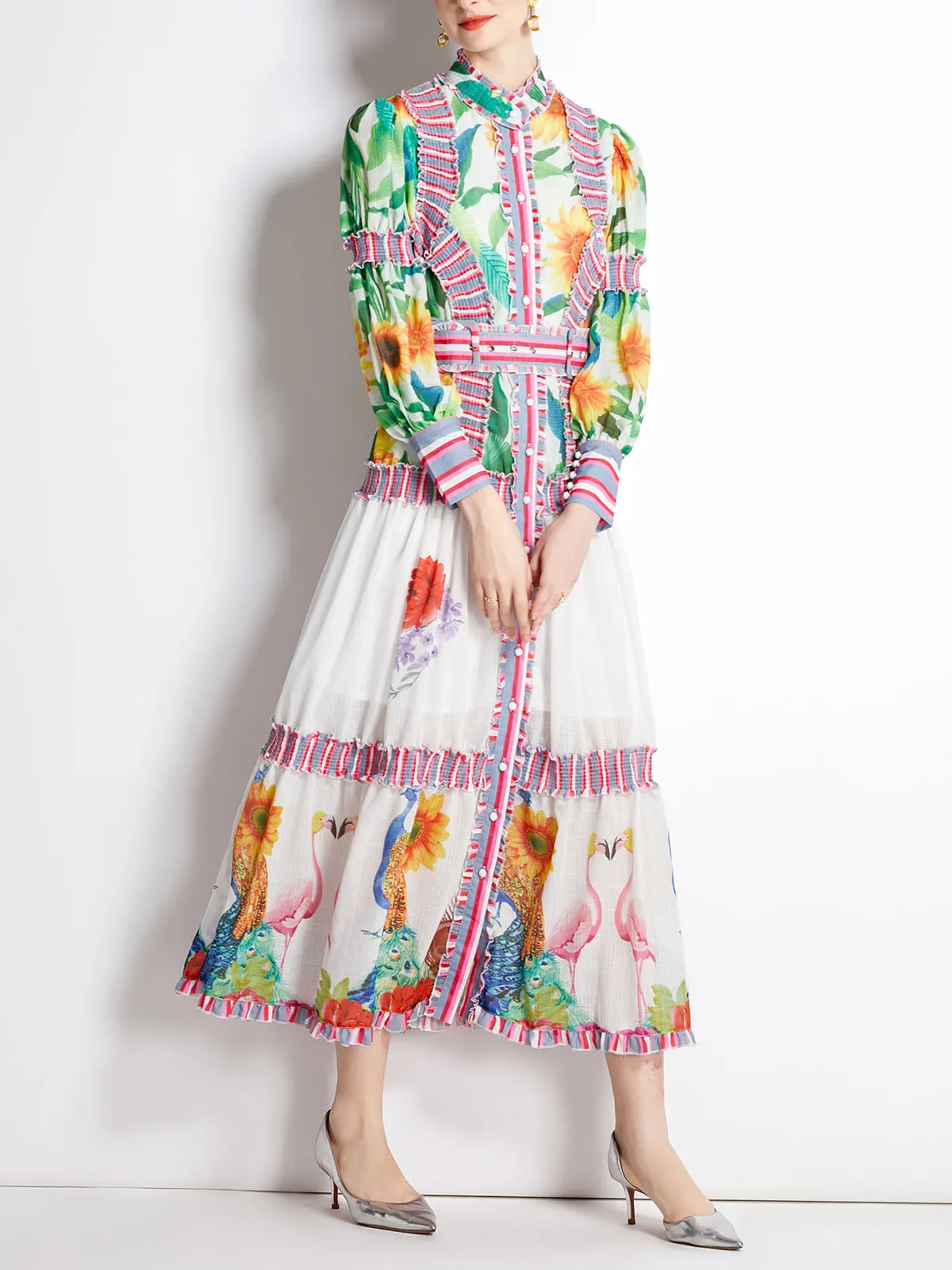 Embroidered Floral Printed Crewneck Long Sleeves Pleated Maxi Boho Dress