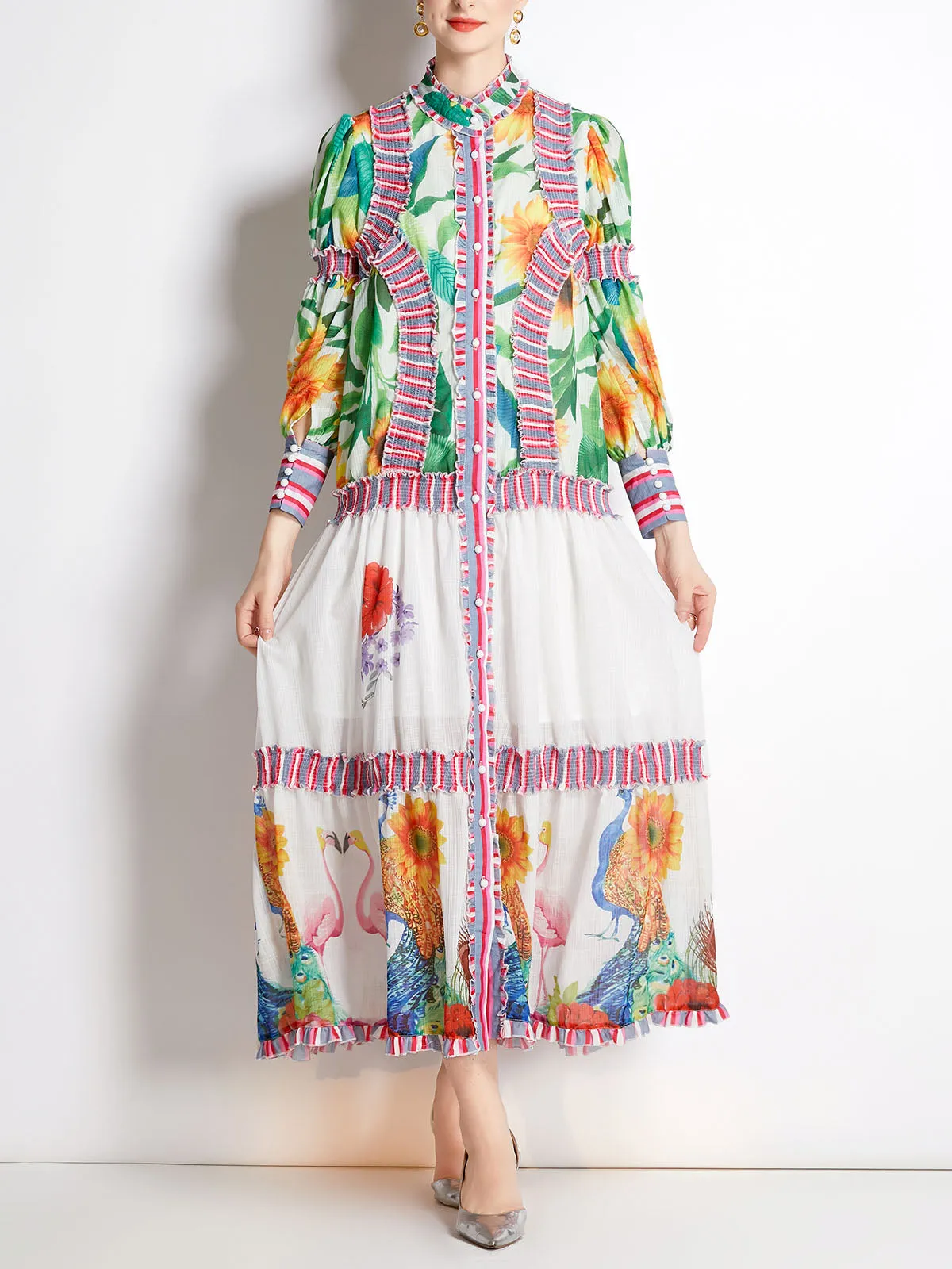 Embroidered Floral Printed Crewneck Long Sleeves Pleated Maxi Boho Dress