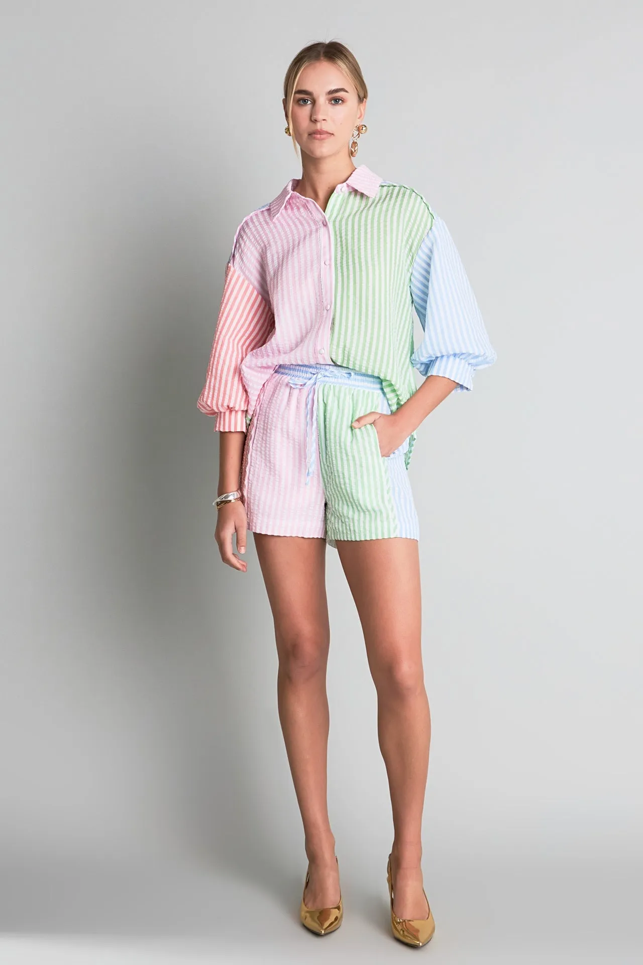 English Factory - Seersucker Striped Colorblock Shorts