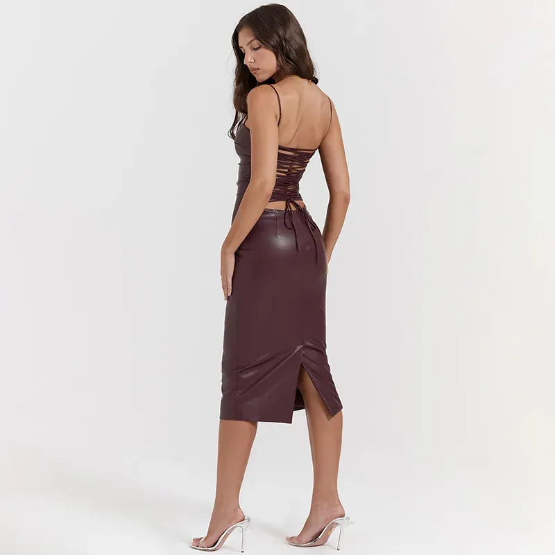 ENNY PU LEATHER Lace UP MIDI Dress