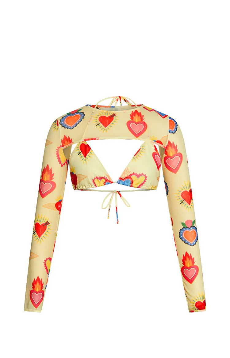 Enya Yellow Heart Printed Mesh Bra And Crop Set