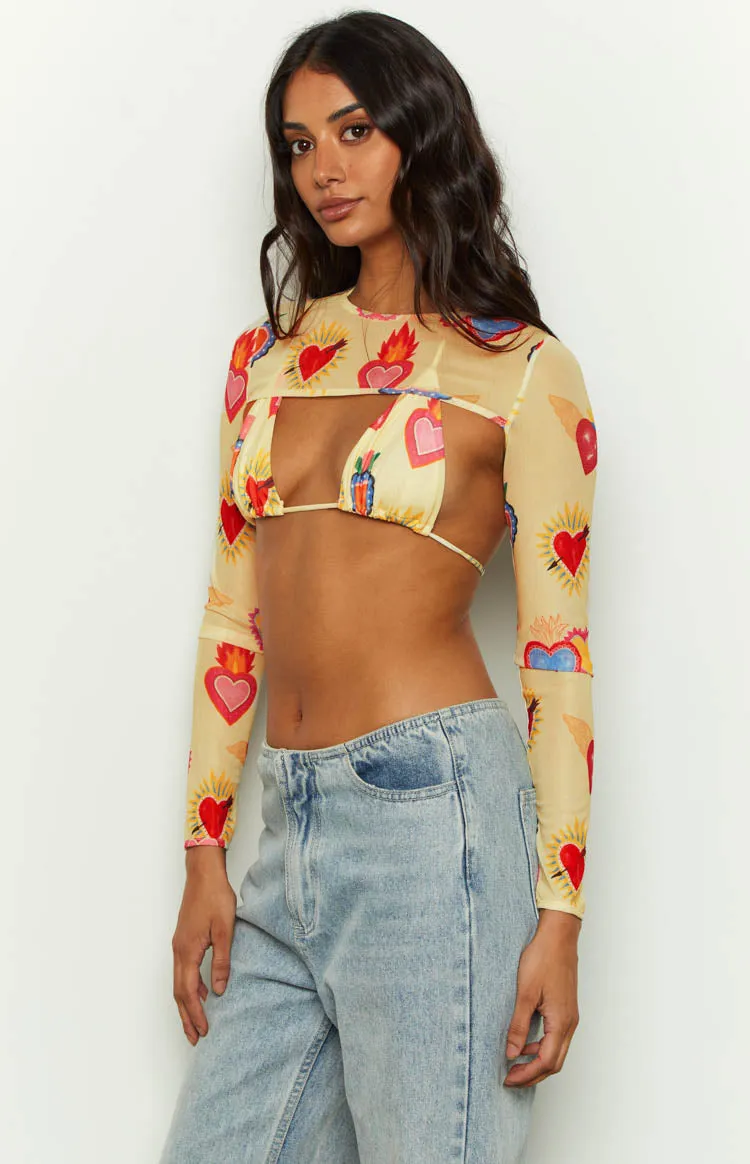 Enya Yellow Heart Printed Mesh Bra And Crop Set