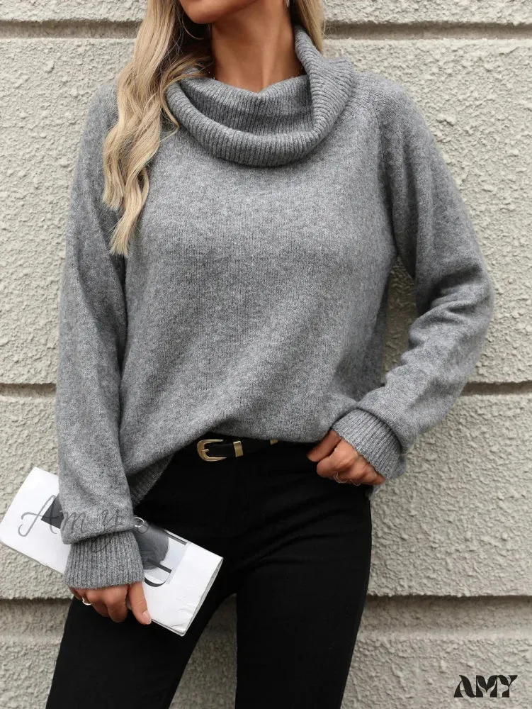 Fall Winter Solid Turtleneck Off Shoulder Long Sleeve Loose Sweater