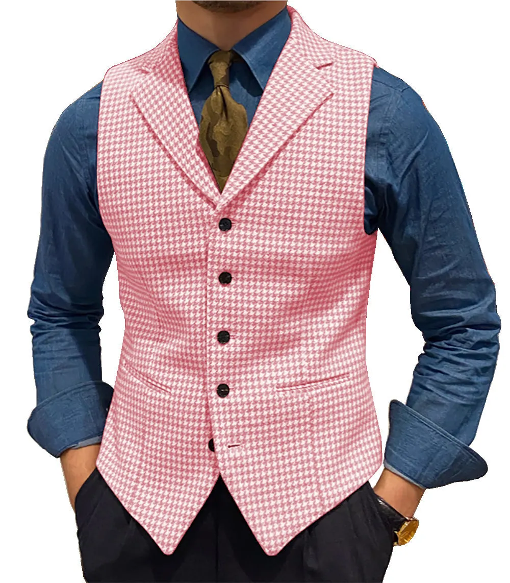 Fashion Men's vest Houndstooth Notch Lapel Waistcoat