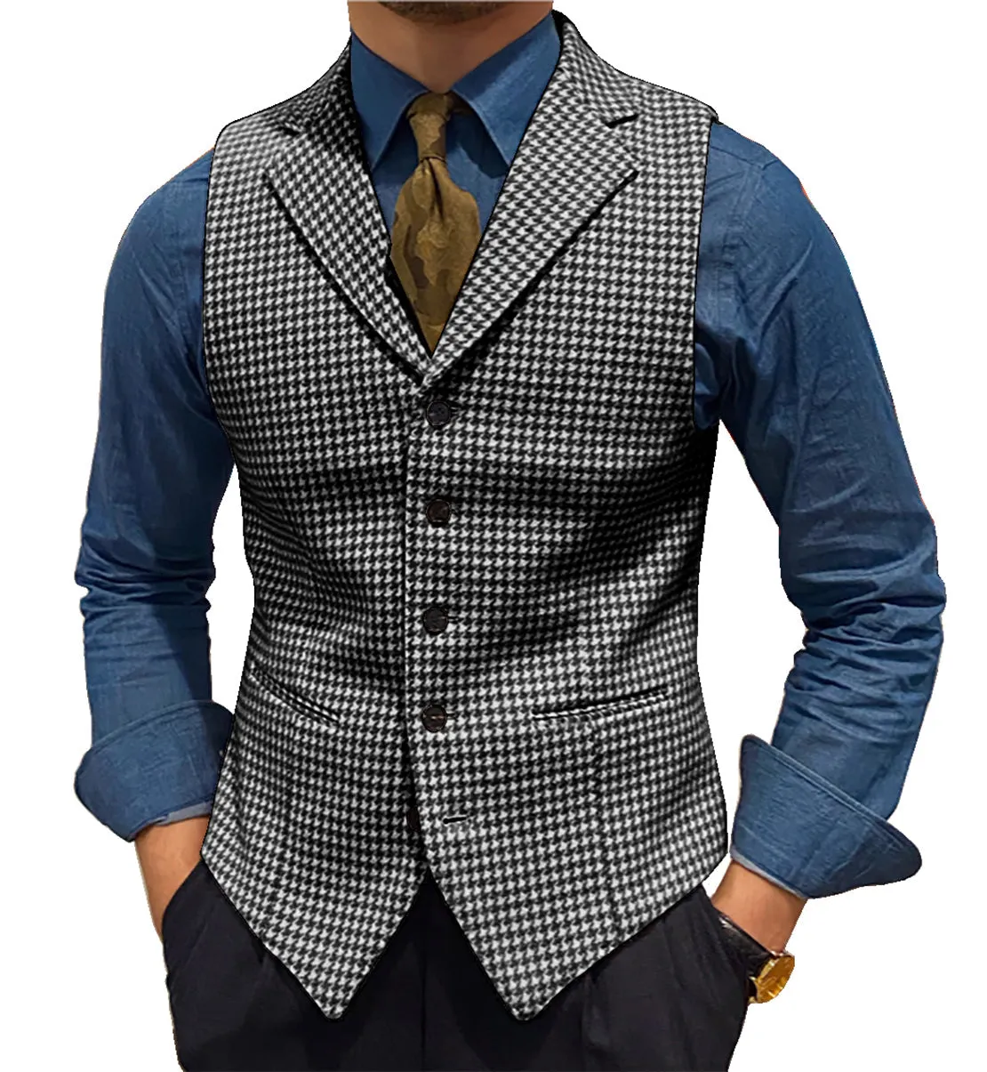 Fashion Men's vest Houndstooth Notch Lapel Waistcoat