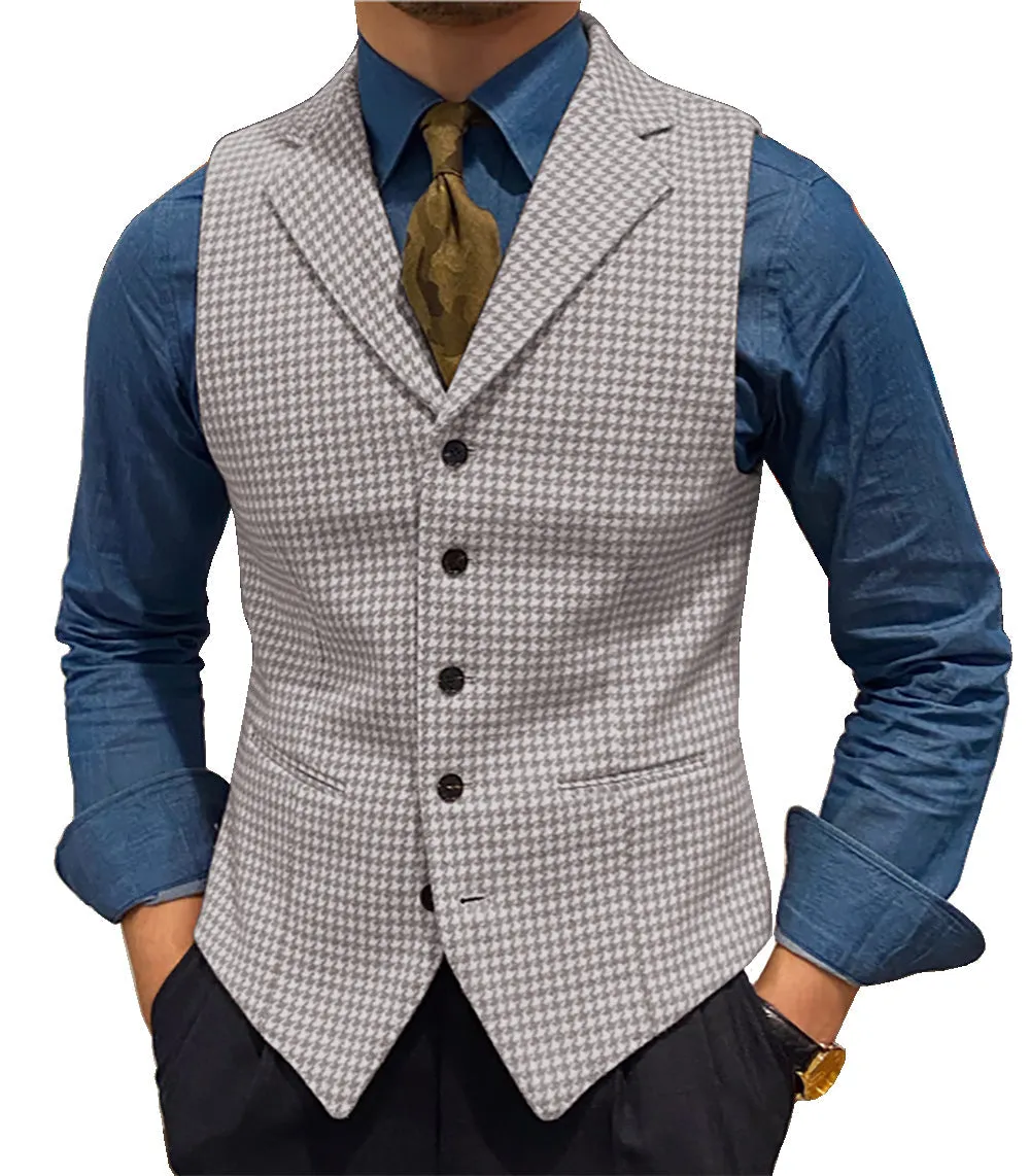 Fashion Men's vest Houndstooth Notch Lapel Waistcoat