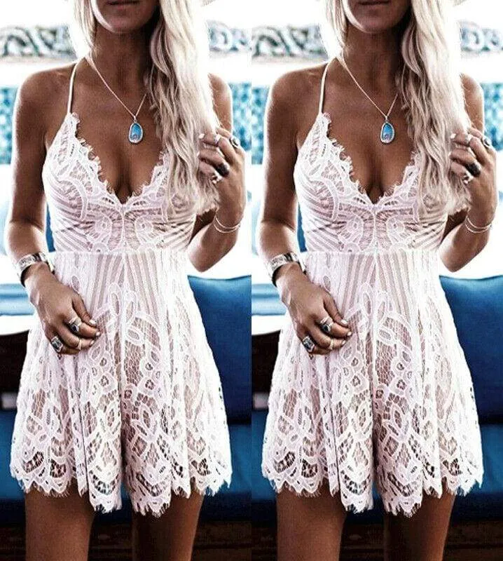 FashionSierra - Summer Women Lace Short Mini Dress Ladies Bodycon Sleeveless Summer Holiday Party Boho Beach Mini Dress Sundress