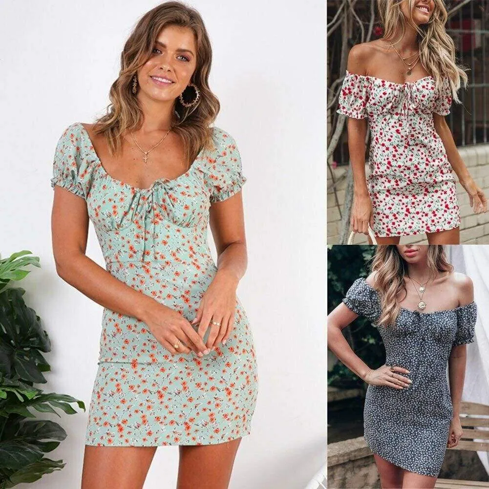 FashionSierra - Women Boho Floral Off Shoulder Bodycon Short Sleeve Dress