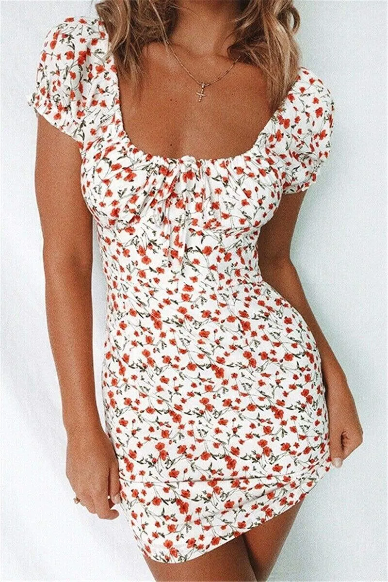 FashionSierra - Women Boho Floral Off Shoulder Bodycon Short Sleeve Dress