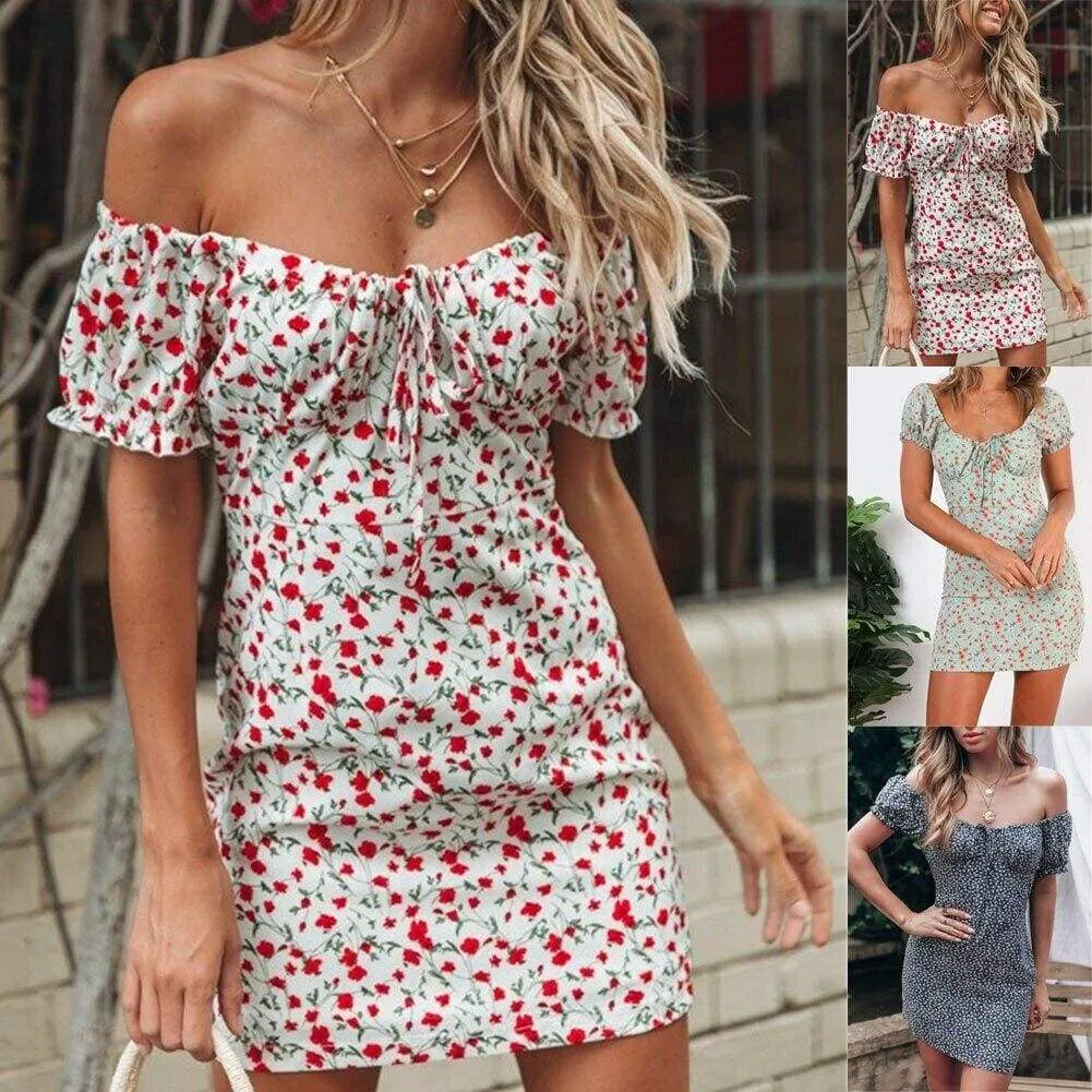 FashionSierra - Women Boho Floral Off Shoulder Bodycon Short Sleeve Dress