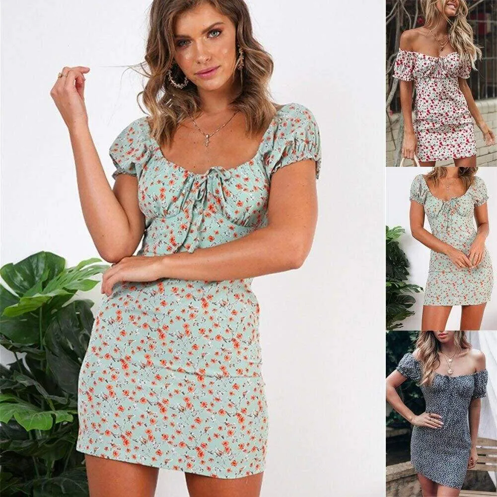 FashionSierra - Women Boho Floral Off Shoulder Bodycon Short Sleeve Dress