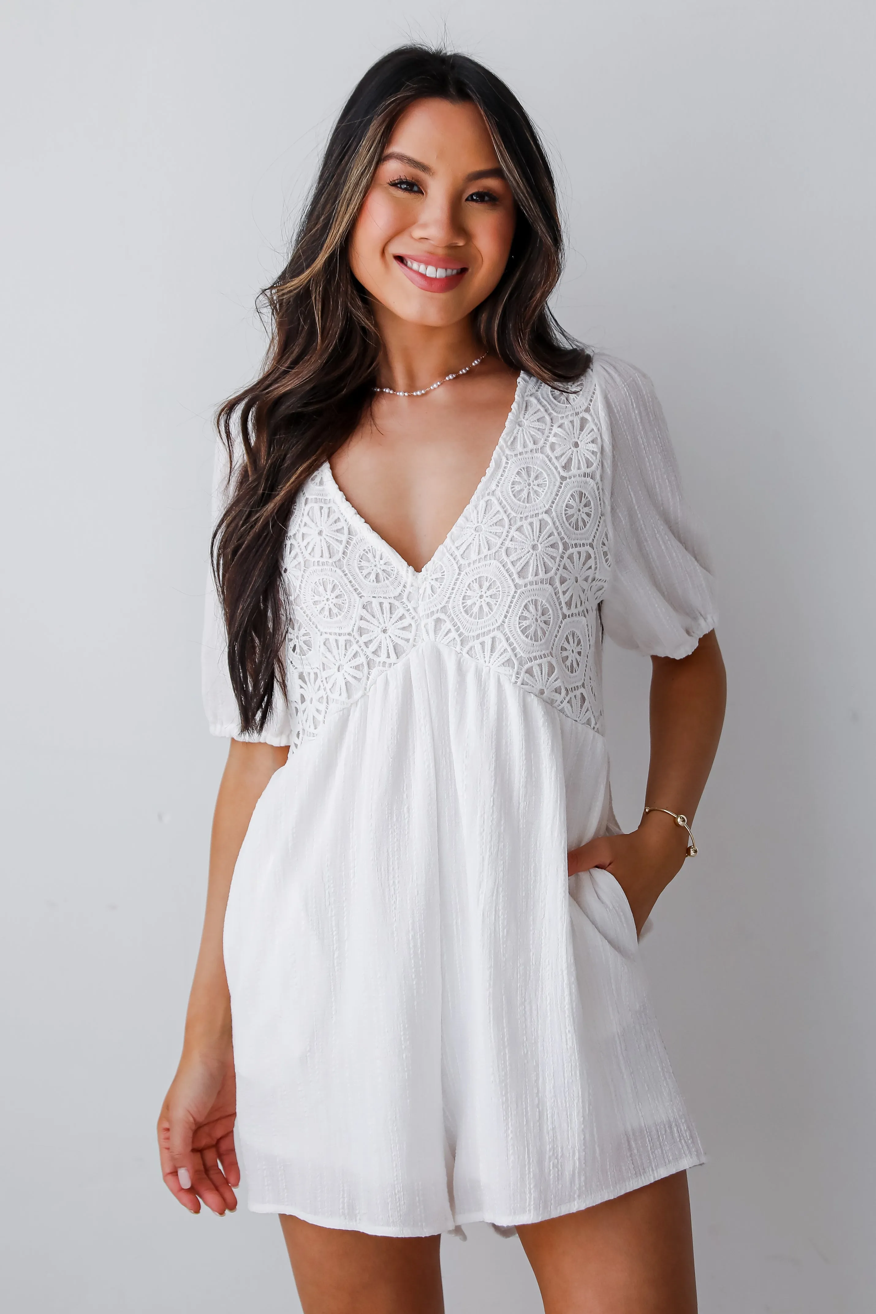 FINAL SALE - Precious Disposition White Crochet Romper