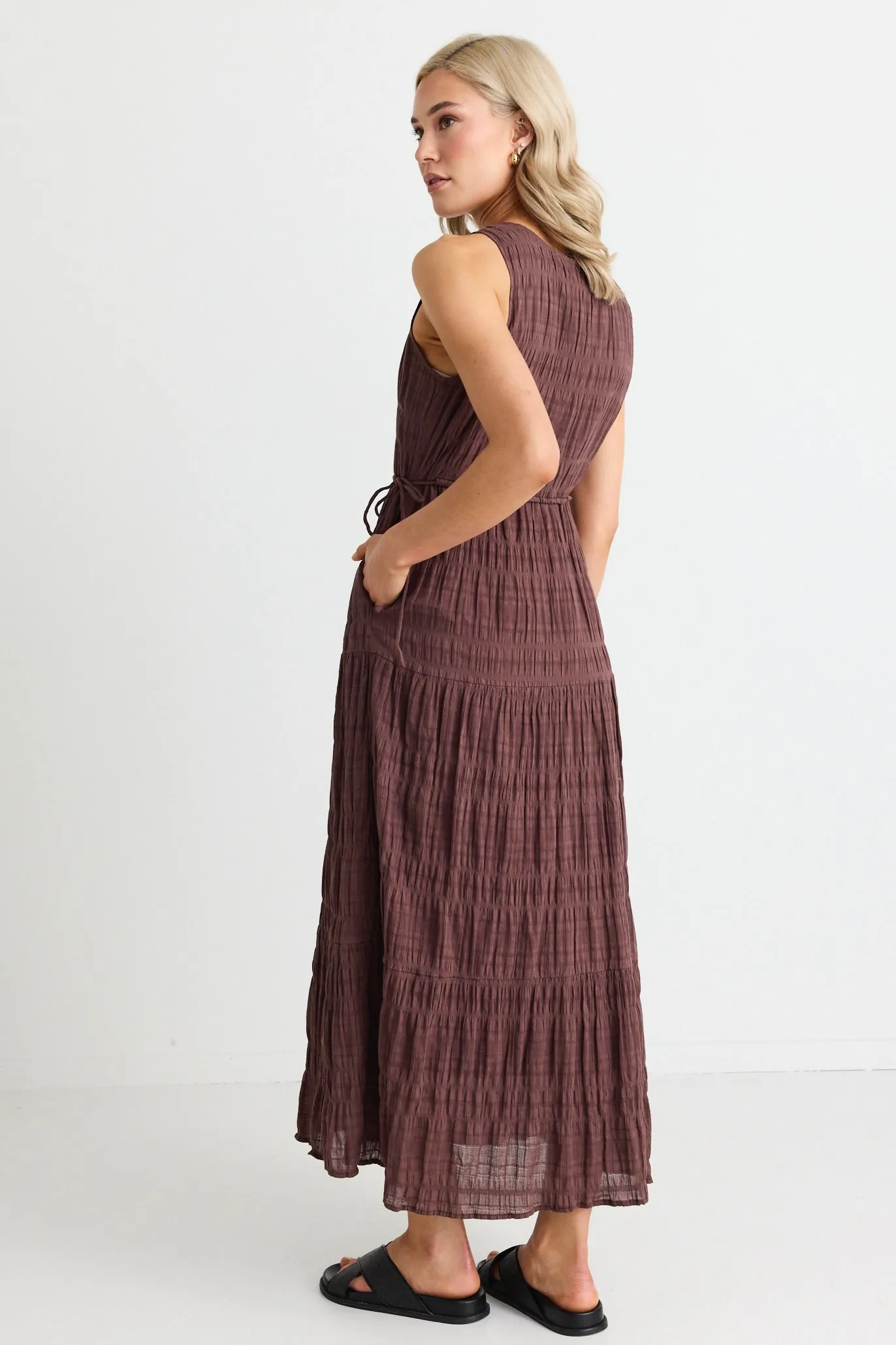 Flora Chocolate V Neck Tie Front Sleeveless Tiered Maxi Dress