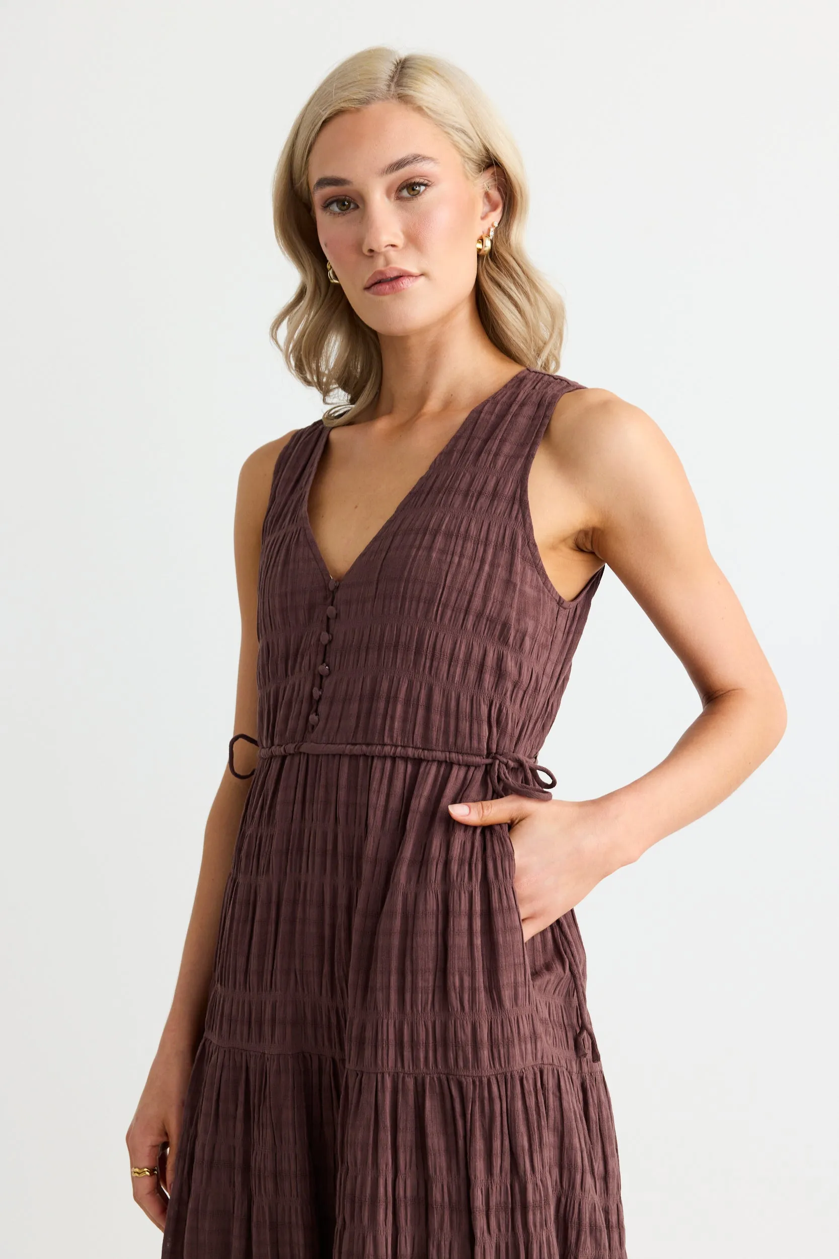 Flora Chocolate V Neck Tie Front Sleeveless Tiered Maxi Dress