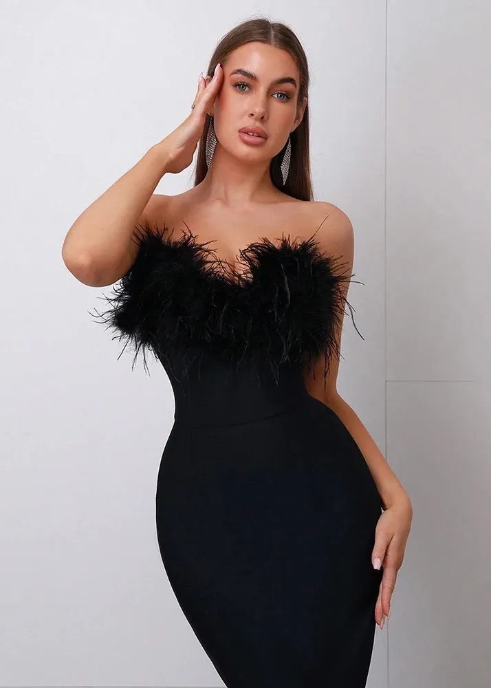 Fuzzy Trim Split Back Tube Bodycon Bandage Dress