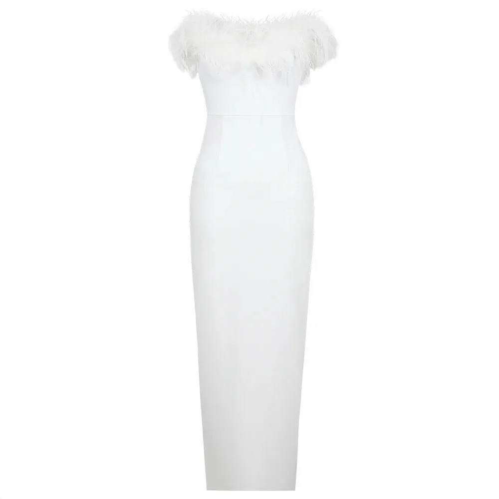 Fuzzy Trim Split Back Tube Bodycon Bandage Dress