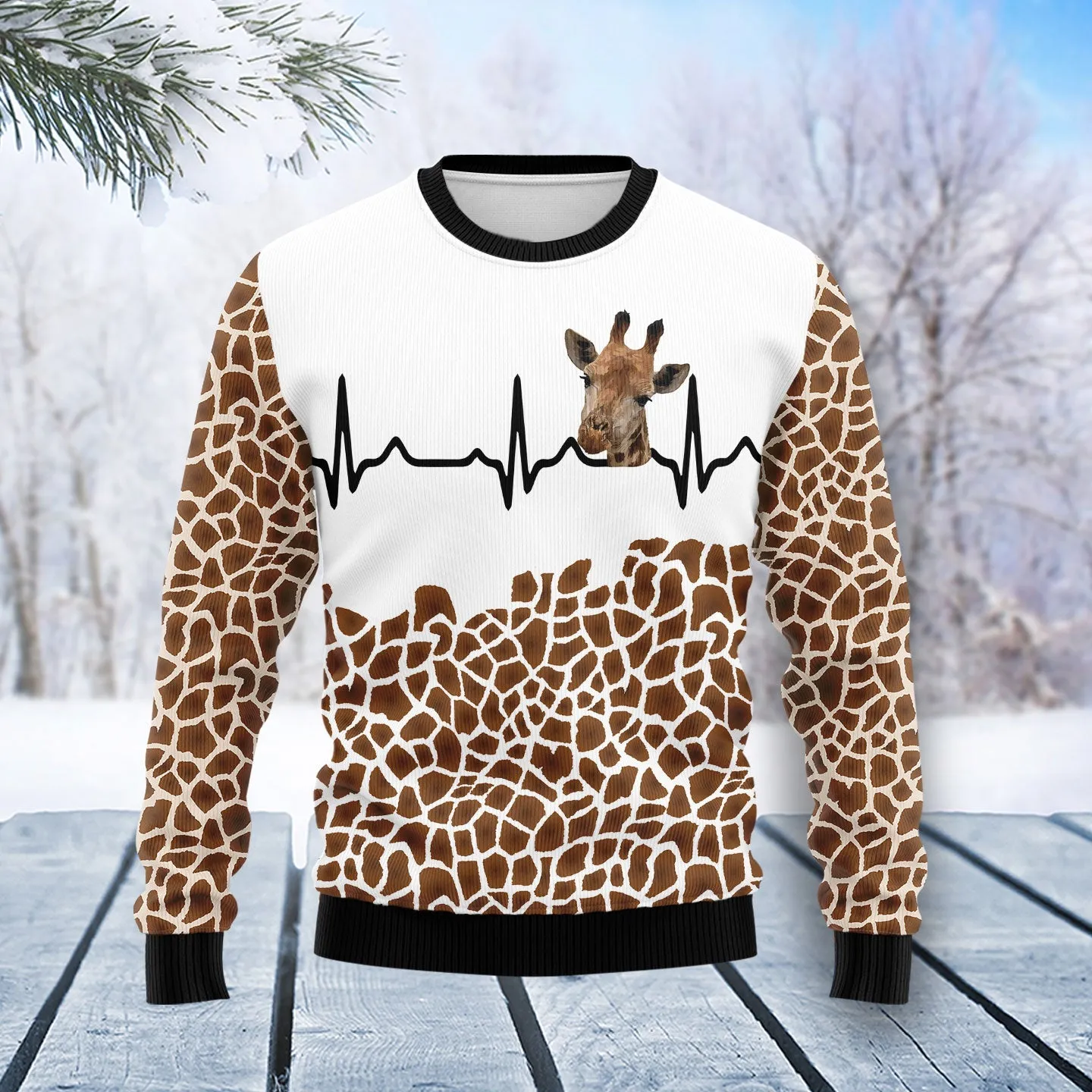 Giraffe Pattern Heart Beat Ugly Christmas Sweater, Giraffe 3D Sweater for Men Women