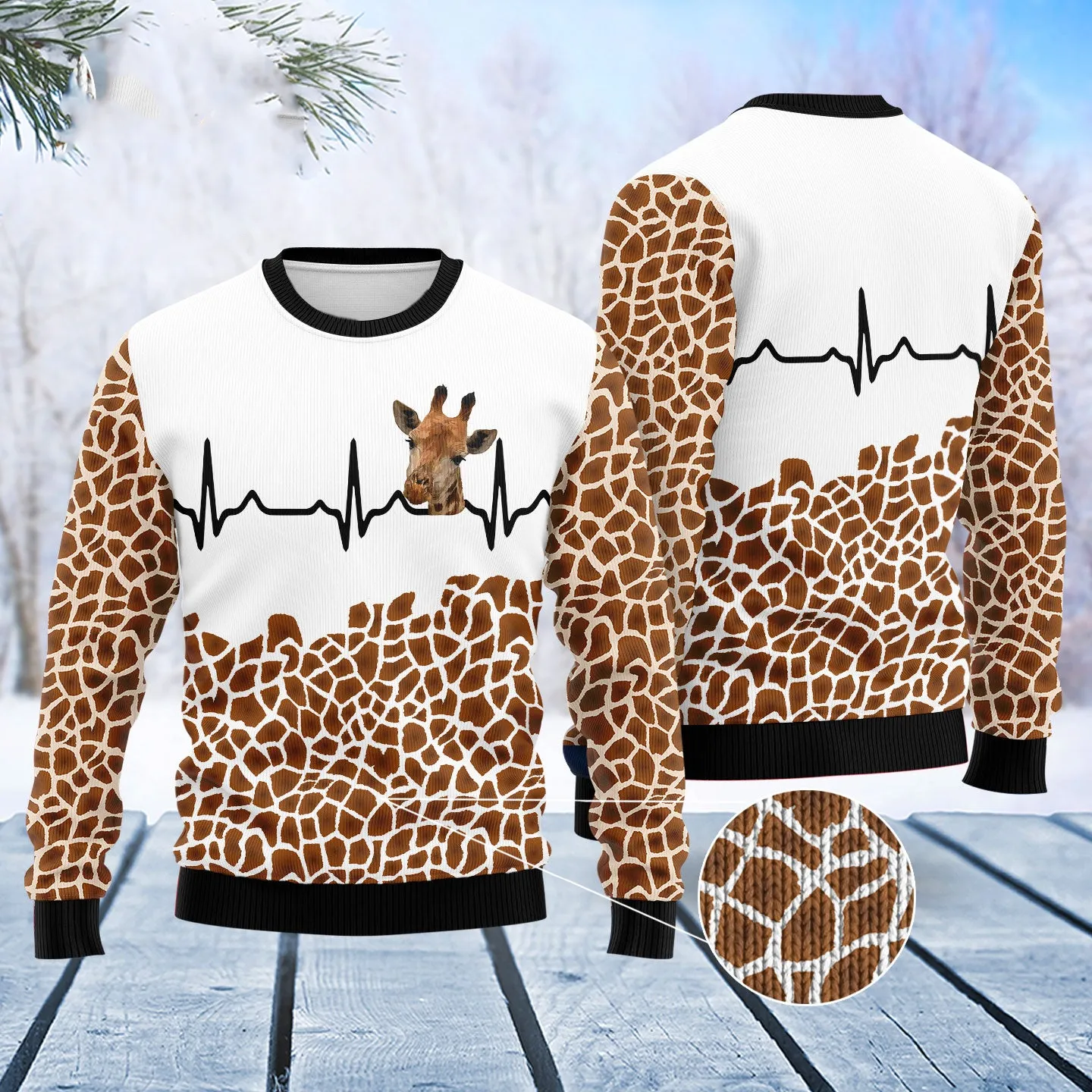 Giraffe Pattern Heart Beat Ugly Christmas Sweater, Giraffe 3D Sweater for Men Women