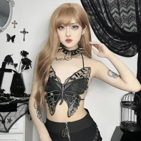 Gothic Backless Black Crop Halter Strappy Butterfly-Shape Sexy Top